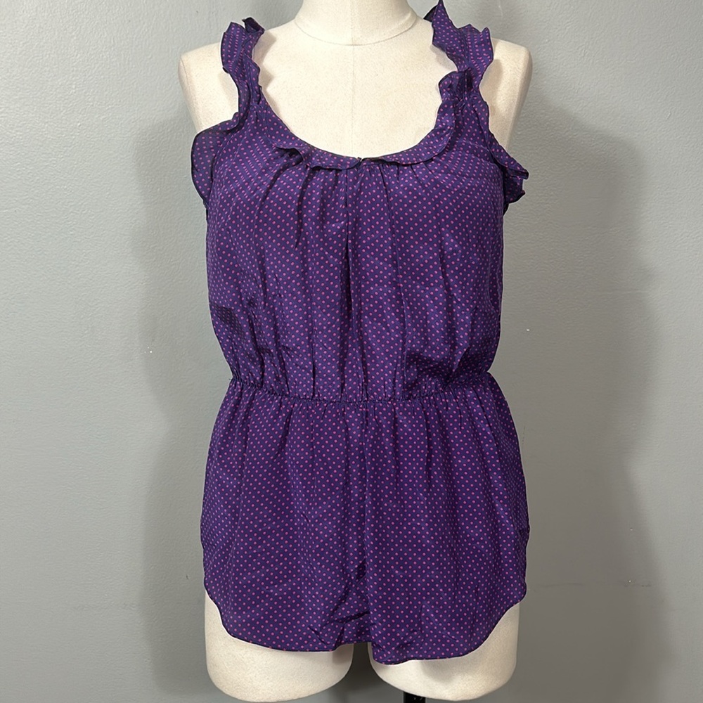 Rebecca Taylor Purple Pink Polka Dot Silk Ruffle Tank Top Blouse Size 6